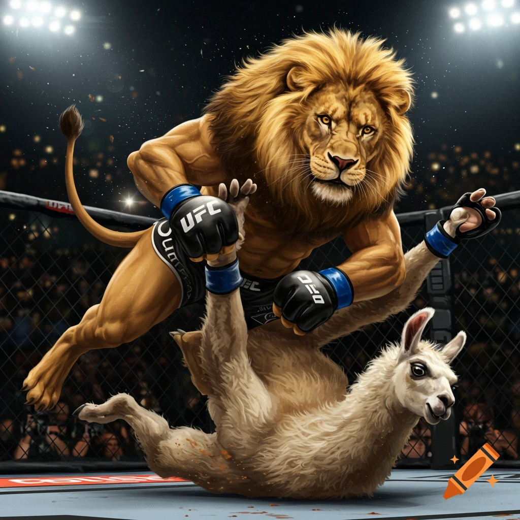 A muscular lion in UFC gloves applies a flying armbar to a llama in a fighting cage, depicted in a realistic style.