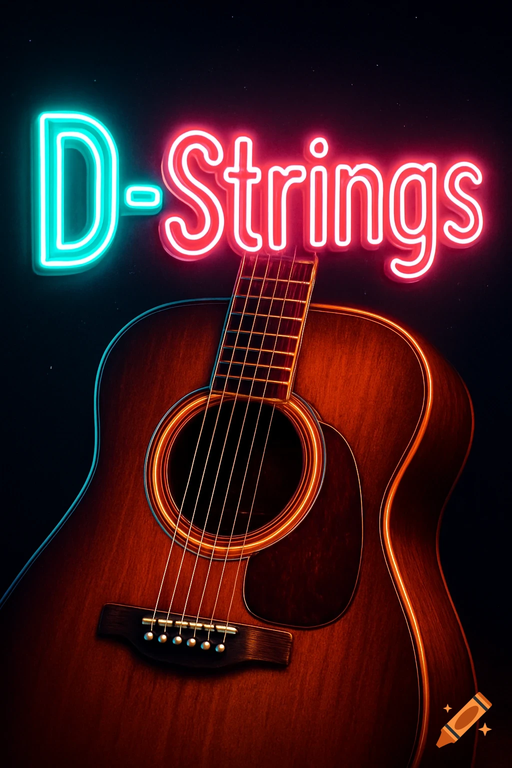 An acoustic guitar sits below a glowing neon sign that reads "D-Strings" in red and teal letters.