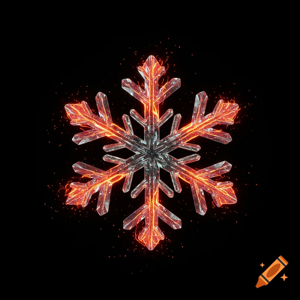 A glowing crystalline snowflake outlined in orange flames and icy sparkles on a black background.