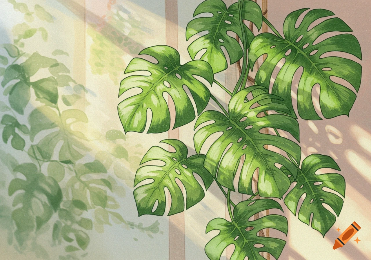 Hand-drawn illustration of green monstera plant leaves hanging by a window with sunbeams and shadows on the wall.