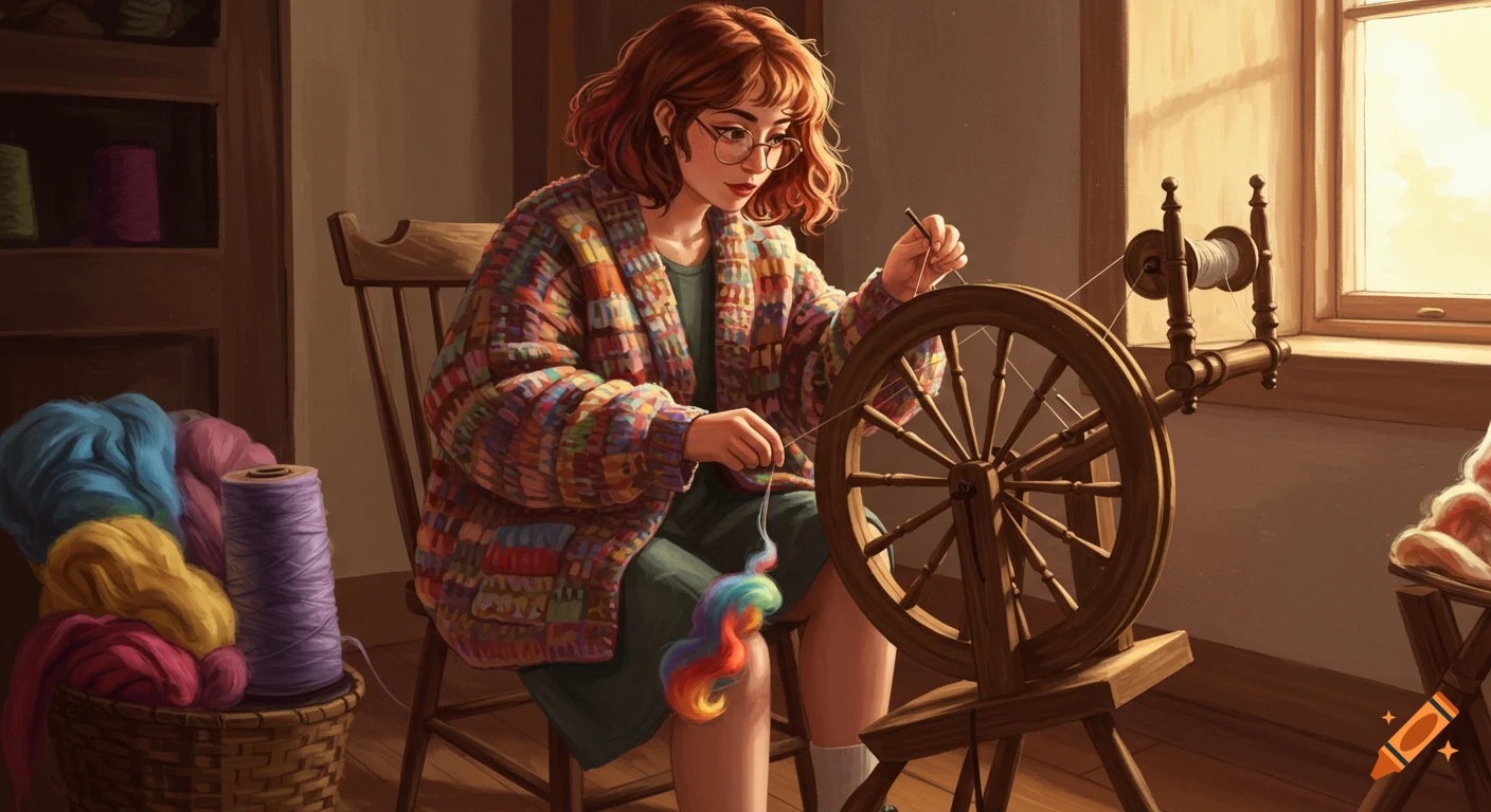 A younger woman with glasses and a colorful cardigan sits indoors, spinning rainbow-colored wool on a wooden spinning wheel.