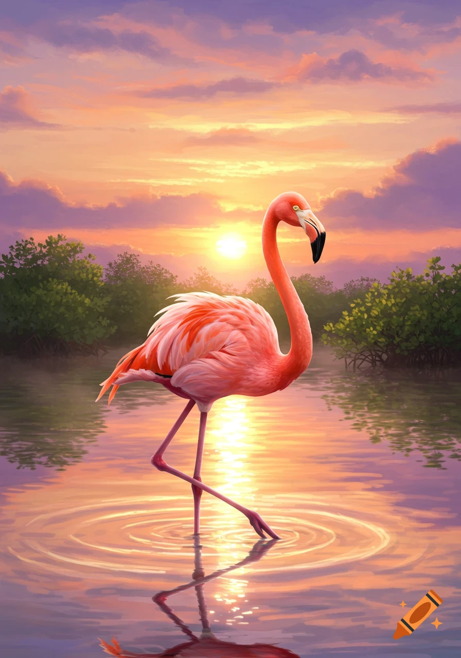A pink flamingo stands in water at sunset, with a vibrant sky reflected on the surface.
