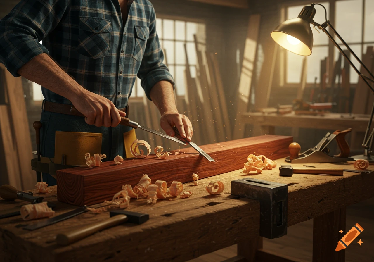 A carpenter uses a chisel to carve a piece of wood on a workbench in a workshop, illuminated by a desk lamp.