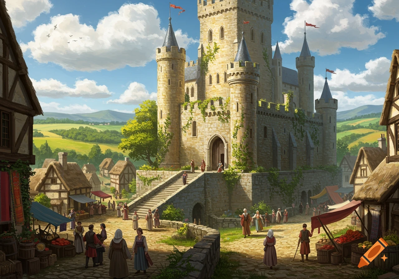A bustling medieval village with a large stone castle in the background, market stalls, and people walking around under a blue sky.