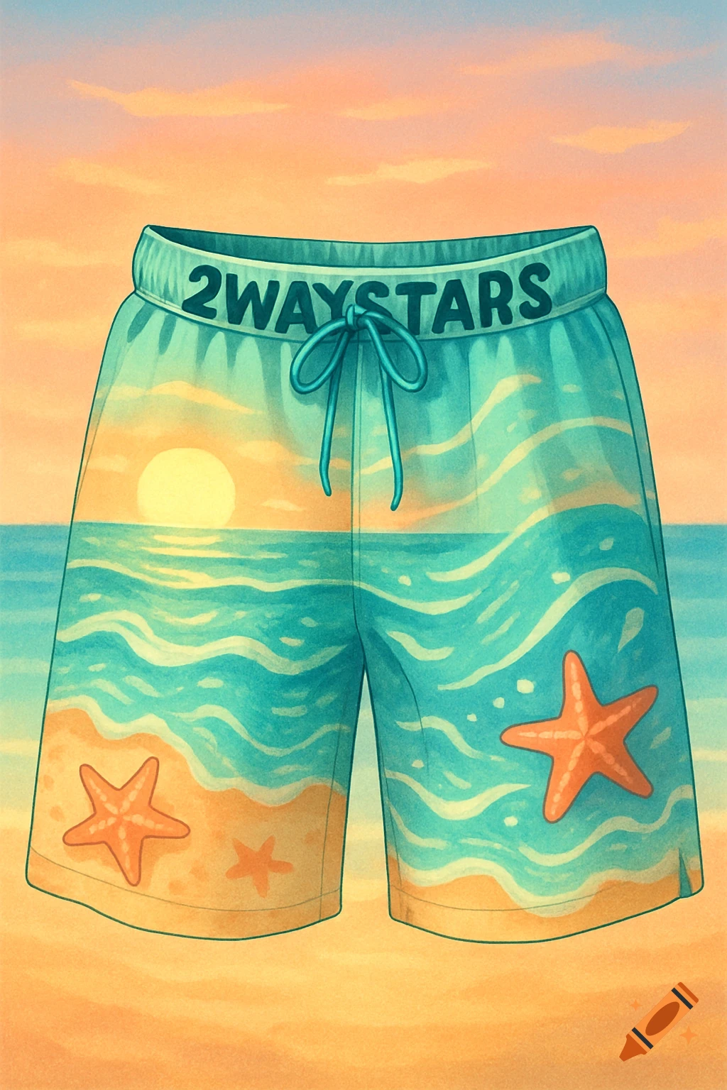 Colorful illustration of beach-themed shorts featuring a sunset, ocean waves, and starfish, with '2WAYSTARS' written on the waistband.