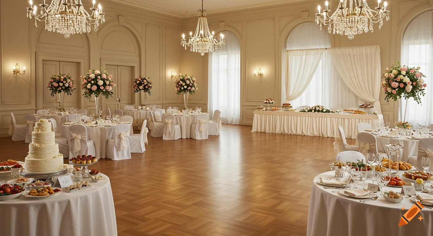 Elegant wedding reception ballroom with round tables, floral centerpieces, a buffet, a multi-tiered cake, and chandeliers.