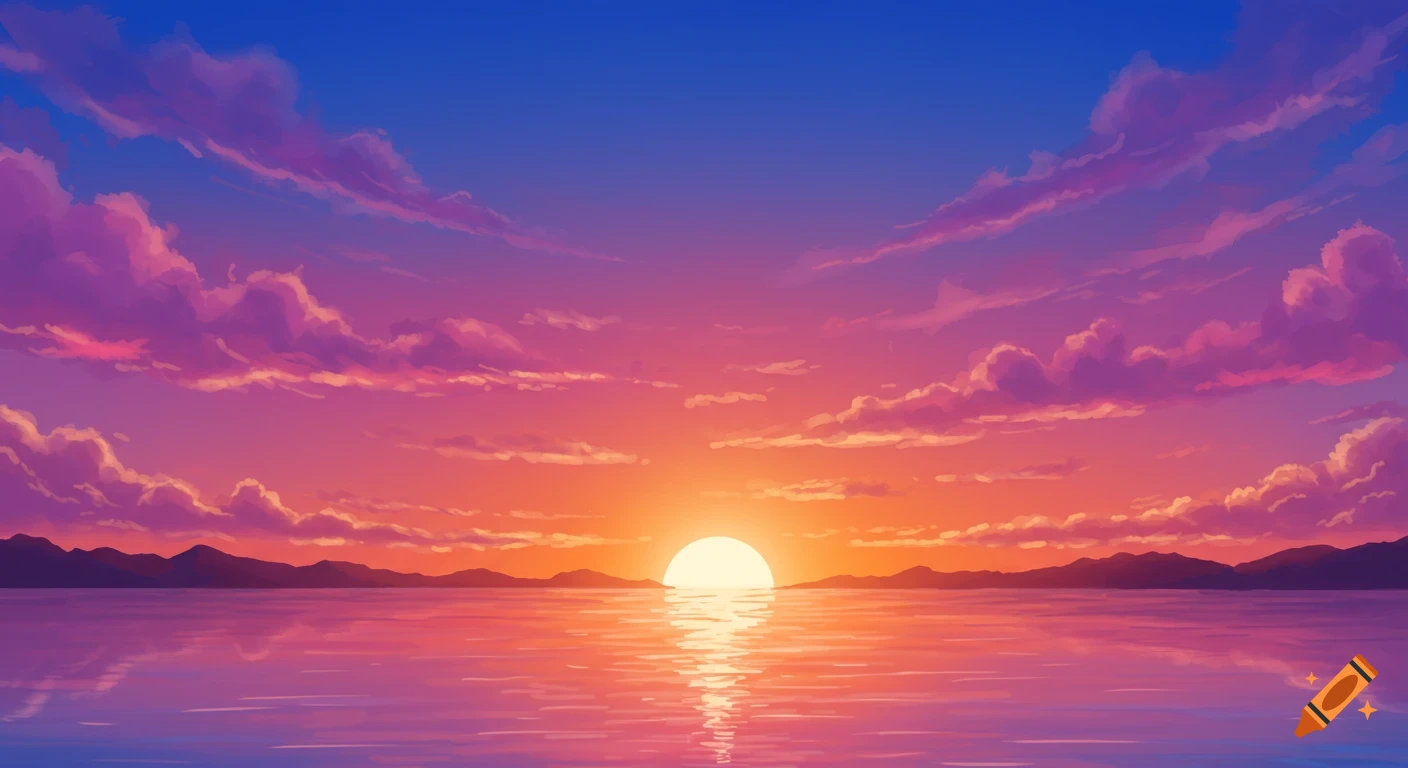 A vibrant sunset over a calm body of water with distant mountains under a colorful sky.