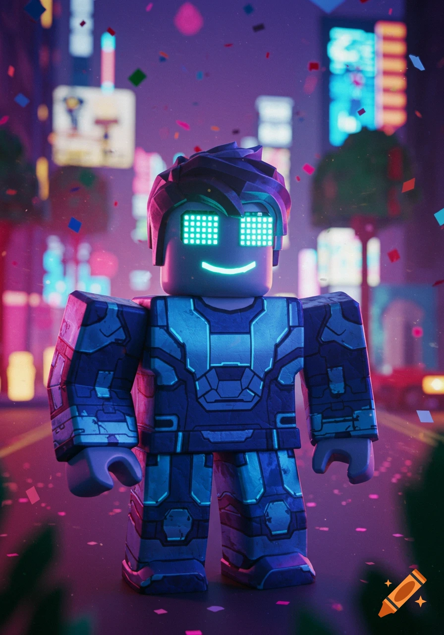 A Roblox-style avatar with glowing green eyes and a smirk, wearing blue and black armor, stands in a vibrant neon city at night with confetti.
