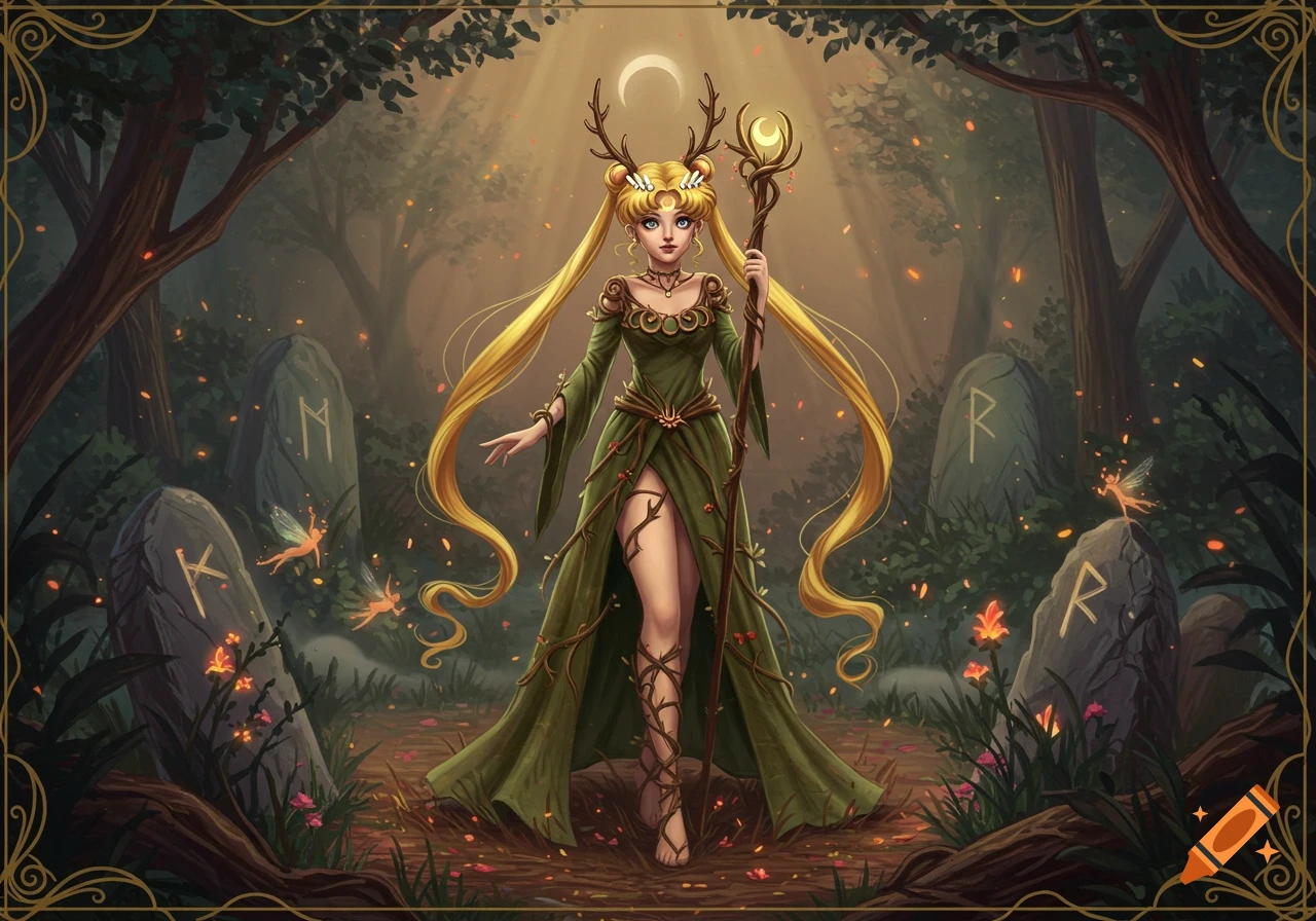 A druidic Sailor Moon character with long blonde hair and antlers, holding a staff in a mystical forest with runestones.