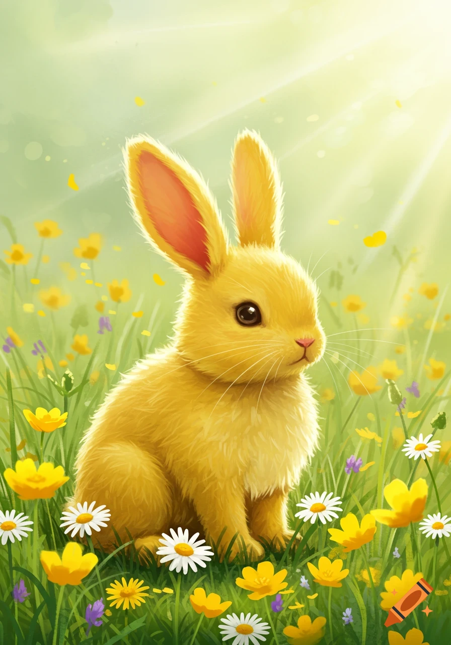 A fluffy yellow bunny sits in a field of yellow and white flowers under bright sunlight in a digital art style.