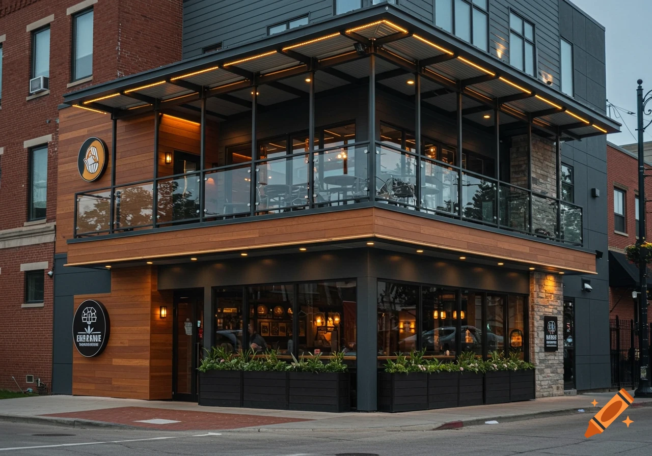 A two-story modern restaurant building with wood siding, large glass windows, and a balcony with glass railings, illuminated by warm lights at dusk, at a street corner.