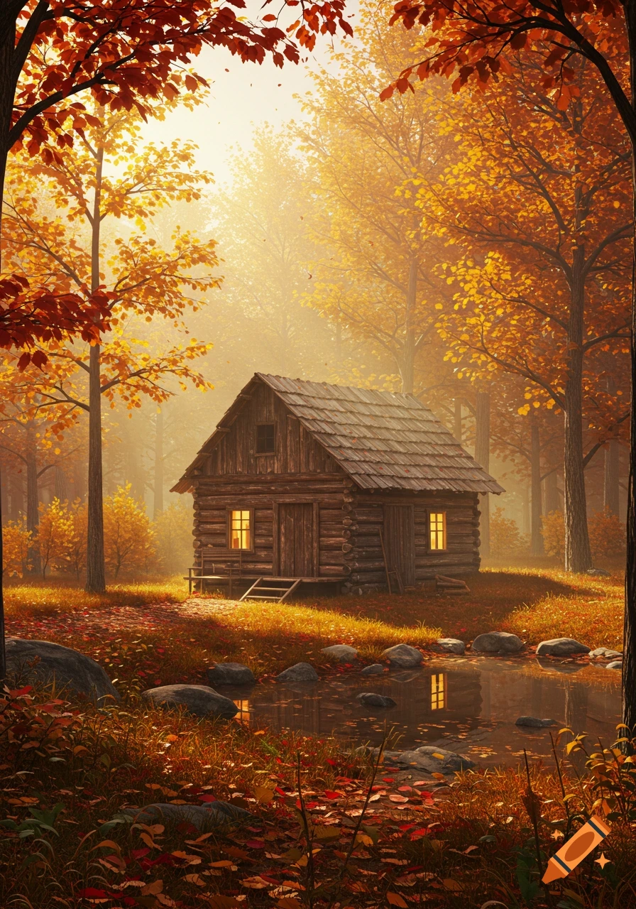 A serene log cabin in a vibrant autumn forest with colorful trees and a small pond under warm sunlight.