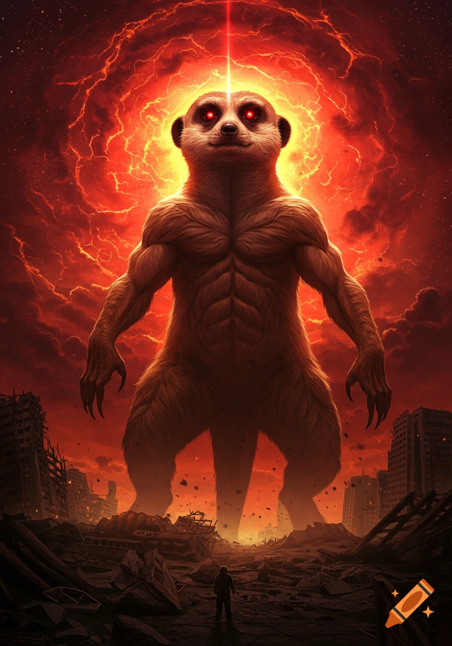 A gigantic, muscular, anthropomorphic meerkat with glowing red eyes stands in a destroyed city under a fiery sky, a laser beam shooting from its head.