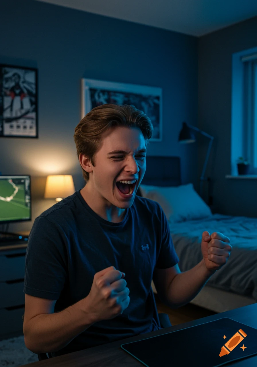 Excited young man with blond hair yells and clenches fists while gaming in his blue-lit bedroom.