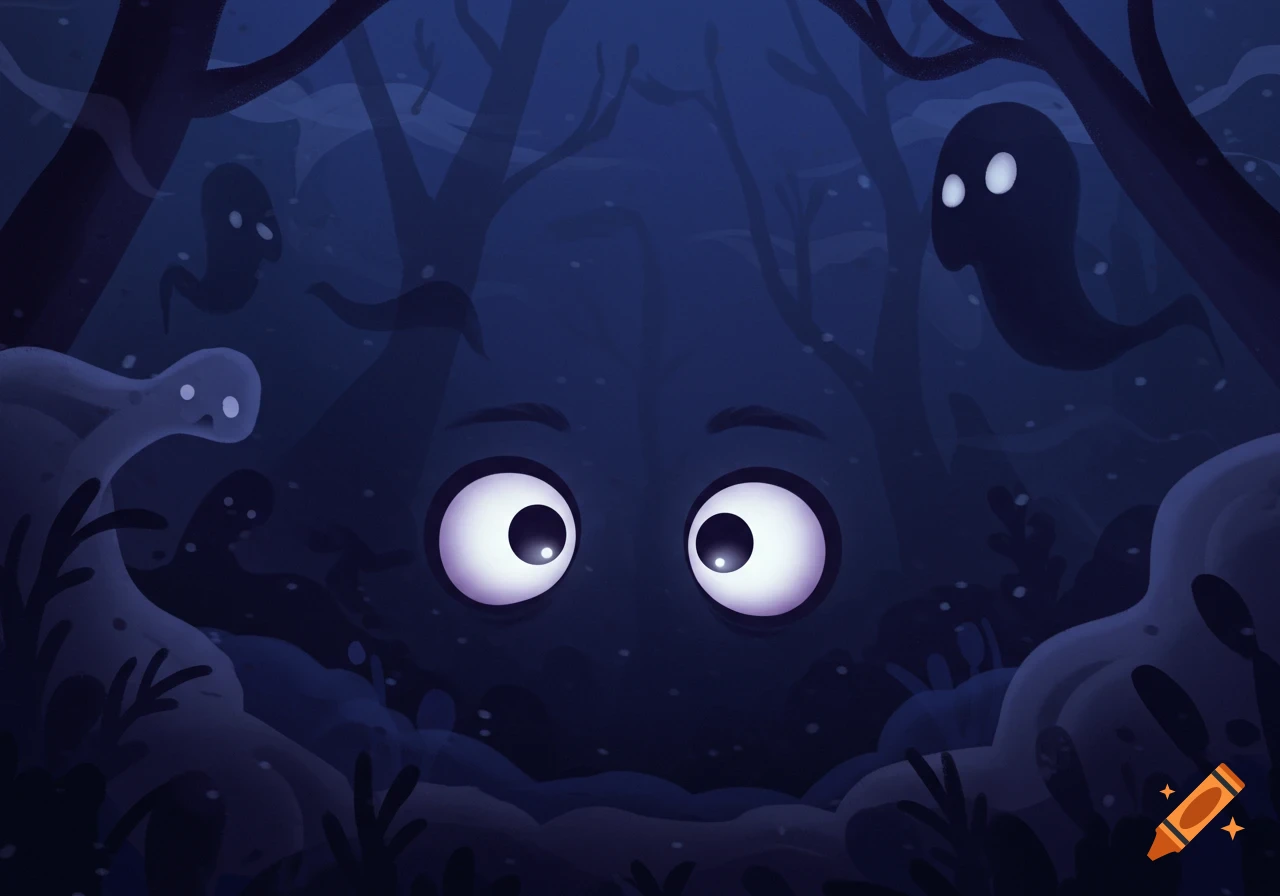 A cartoon illustration of large, wide-open spooky eyes peeking from a dark, eerie forest with faint ghost figures floating in the background.