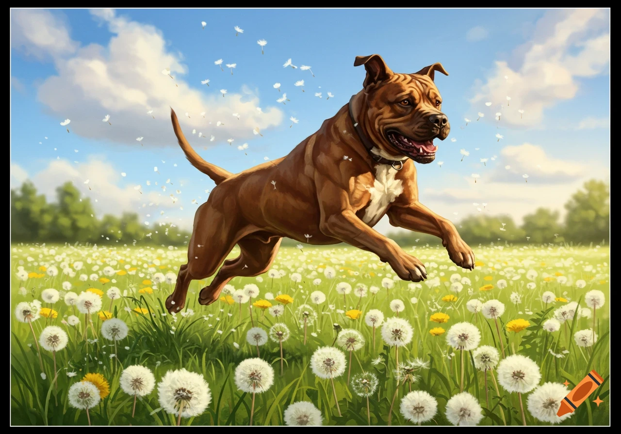 A brown dog leaps through a vibrant field of white and yellow dandelions under a blue sky.