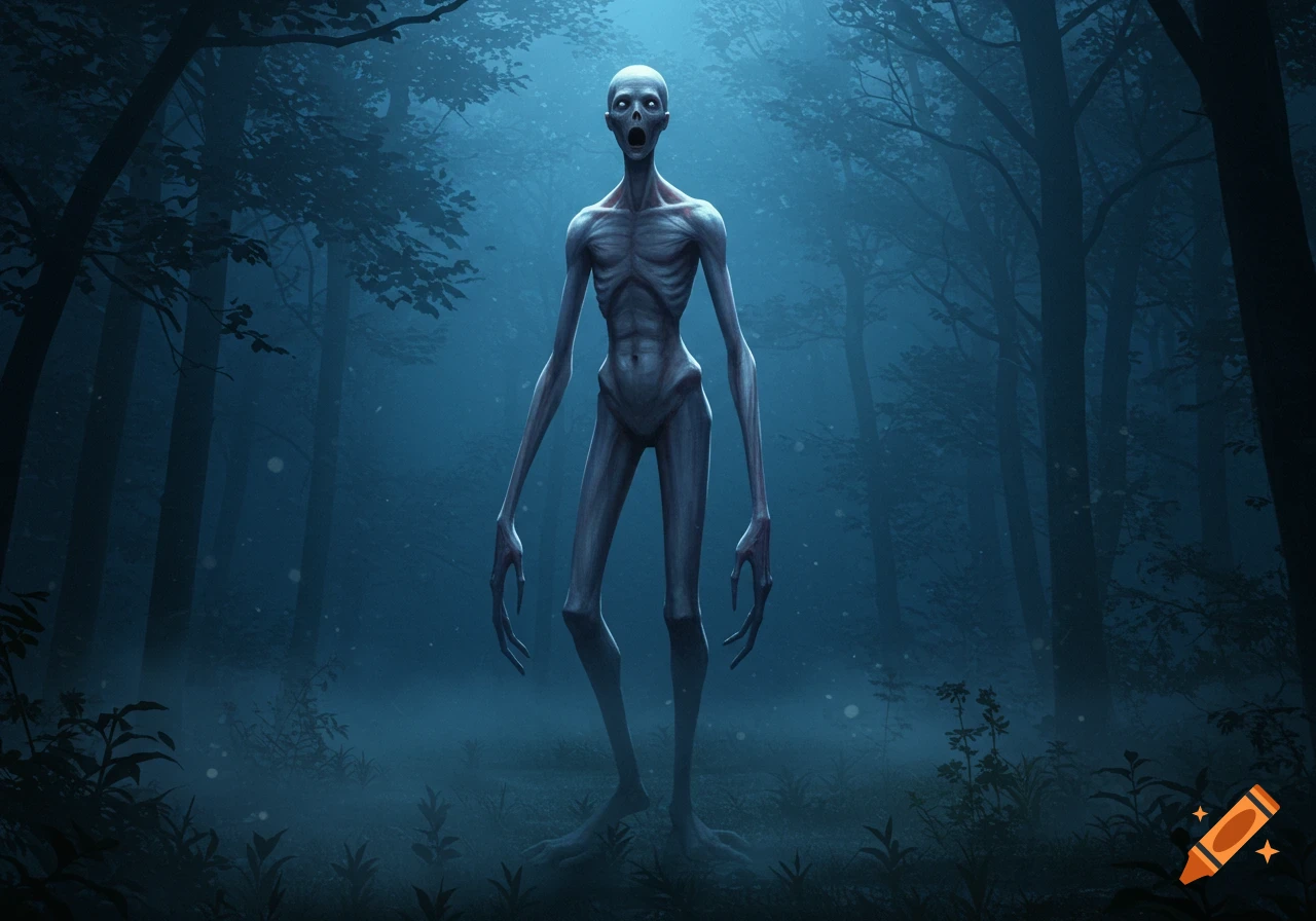 A gaunt, pale humanoid creature with a wide-open mouth stands in a dark, misty forest, illuminated by a blue glow.