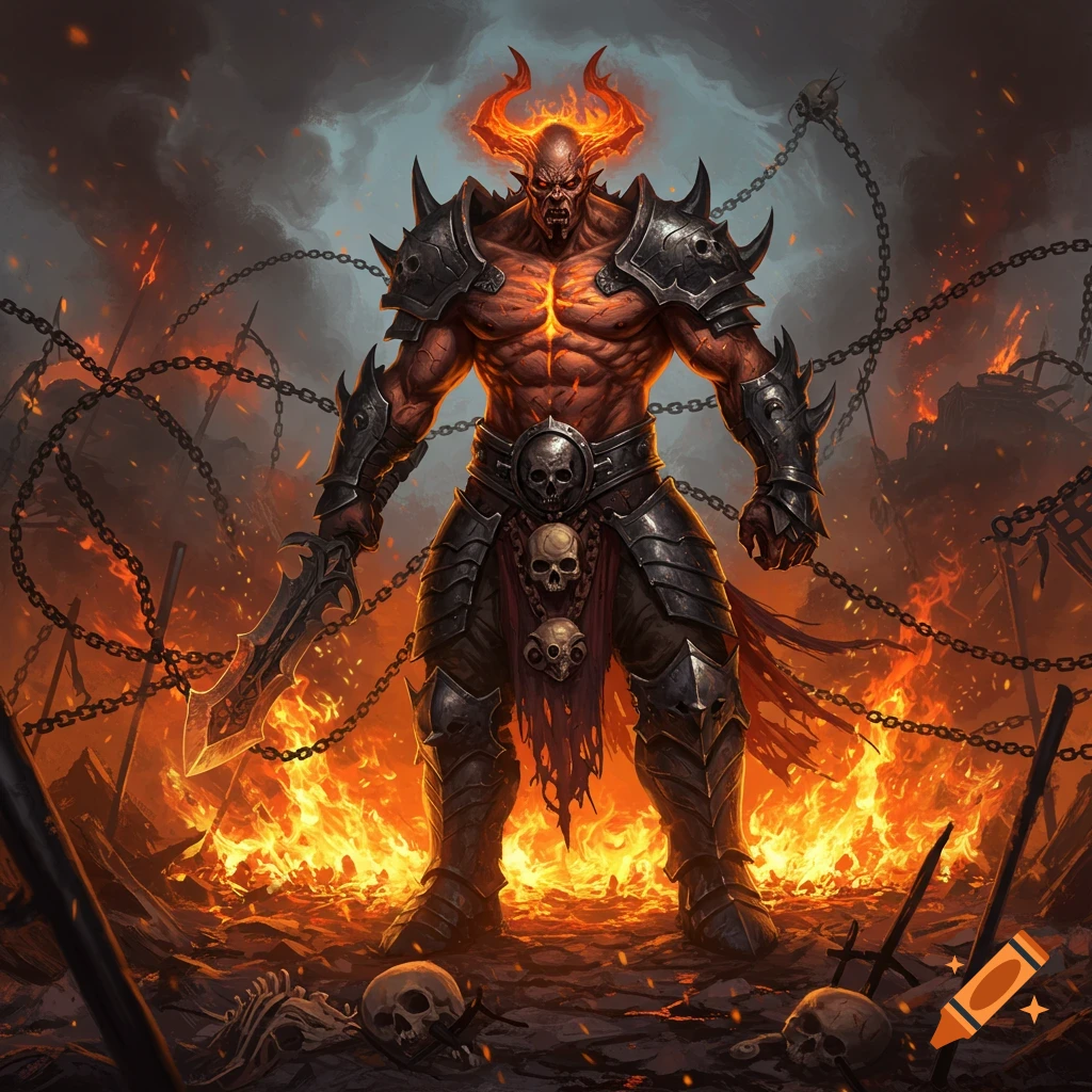 A powerful, muscular horned demon in ornate armor, holding a sword, stands amidst flames, chains, skulls, and bones in a dark fantasy art style.