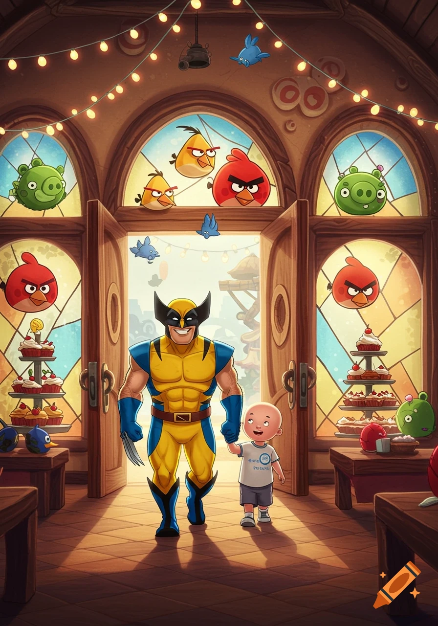 Cartoon Wolverine and Caillou walk into an Angry Birds themed cafe with cakes and stained glass windows.
