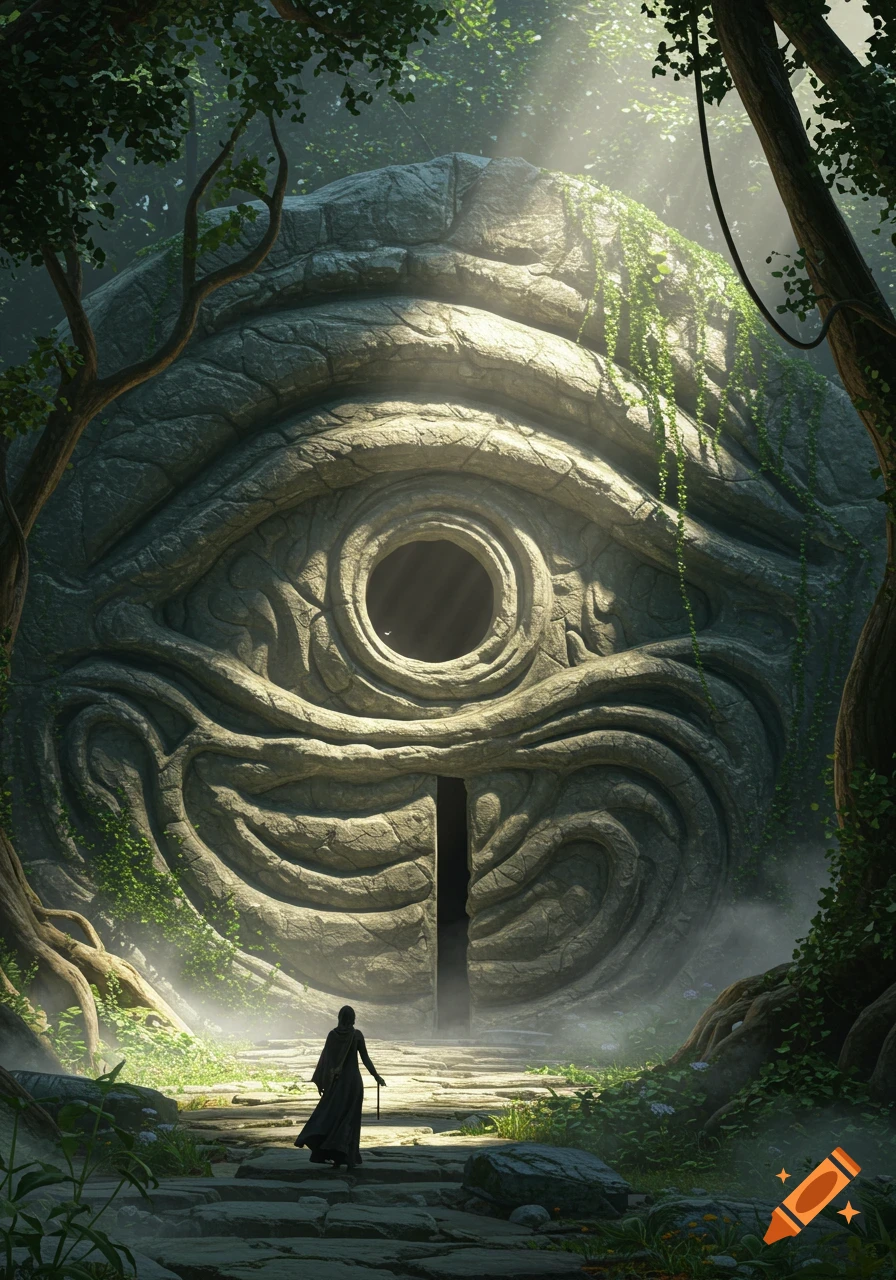 A lone figure stands before a massive, ornate stone door carved like a swirling eye, in a sunlit, misty fantasy forest.