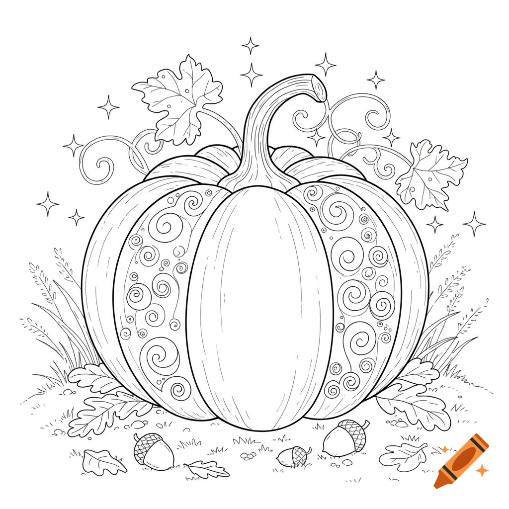 A black and white line art coloring page featuring a pumpkin adorned with swirls, surrounded by autumn leaves, acorns, and sparkling stars.
