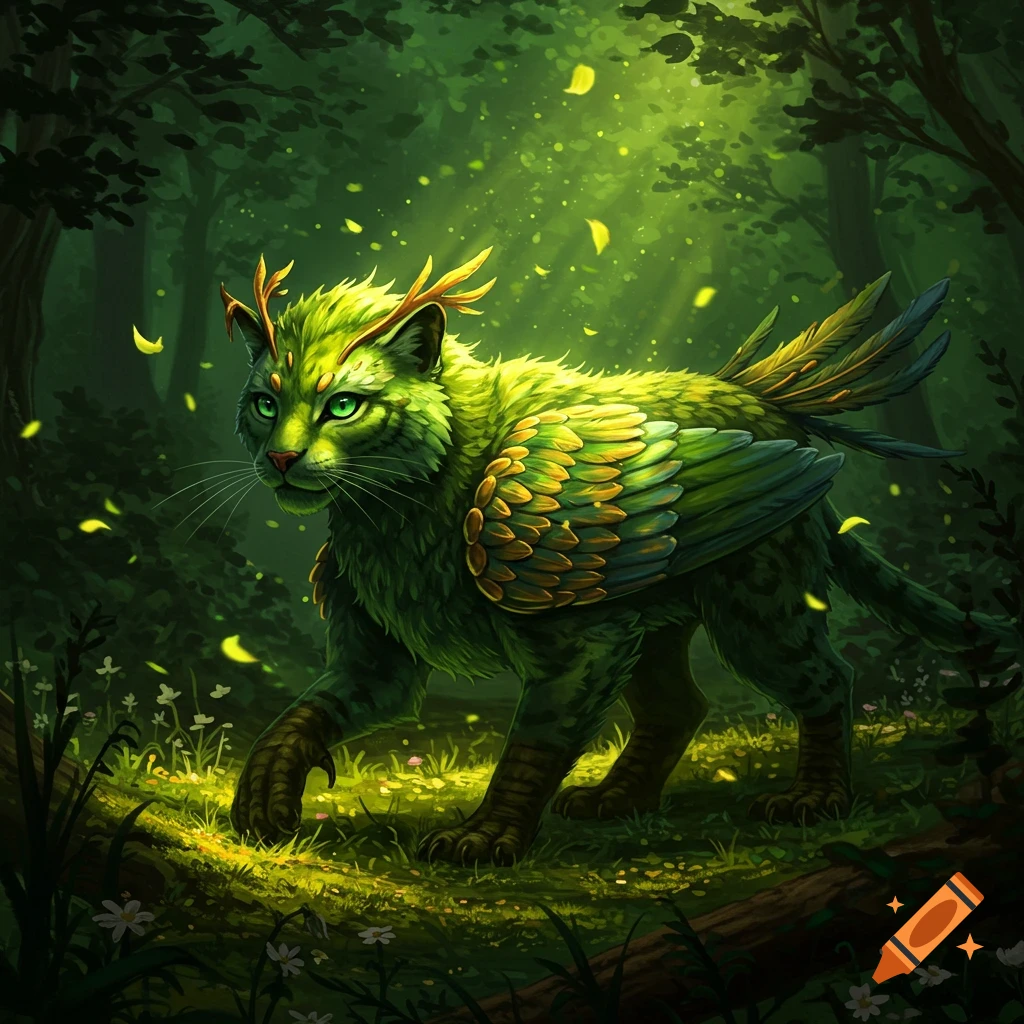 A green, feline-like fantasy creature with antlers and feathered wings walks through a vibrant, glowing forest.