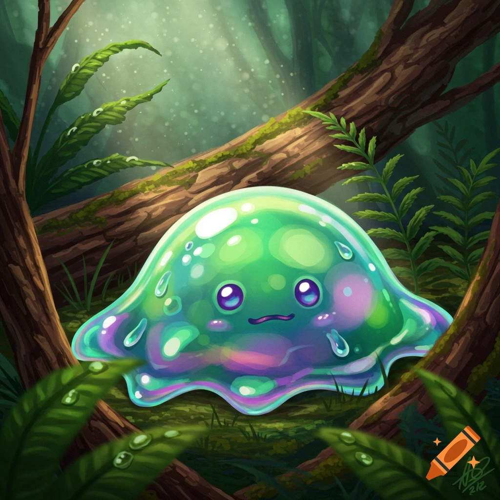A cute, iridescent green slime creature with big eyes sits in a vibrant, mossy forest with trees and ferns.