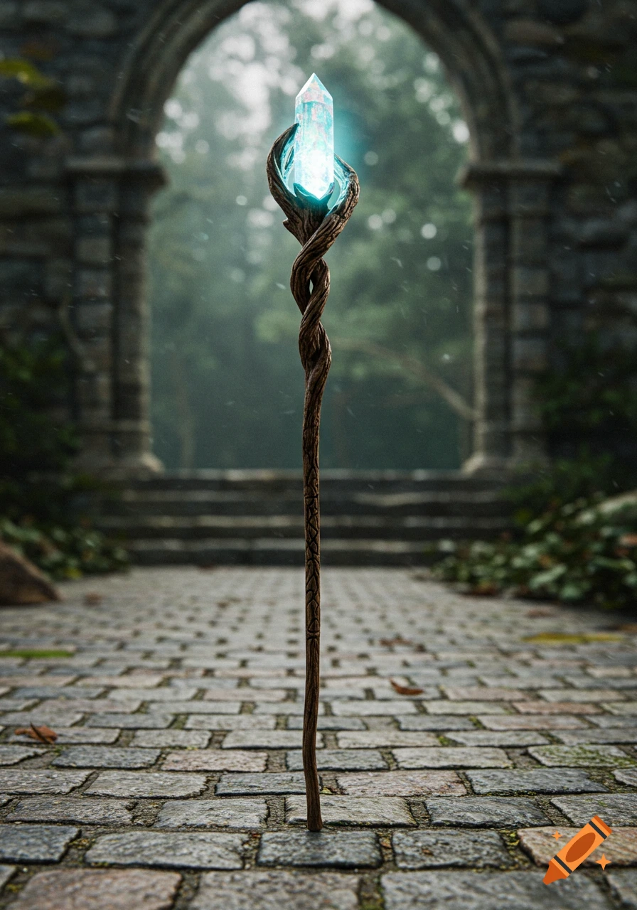 A photorealistic magical staff with a glowing blue crystal top and a twisted wooden base stands on a stone path leading to a dark archway.