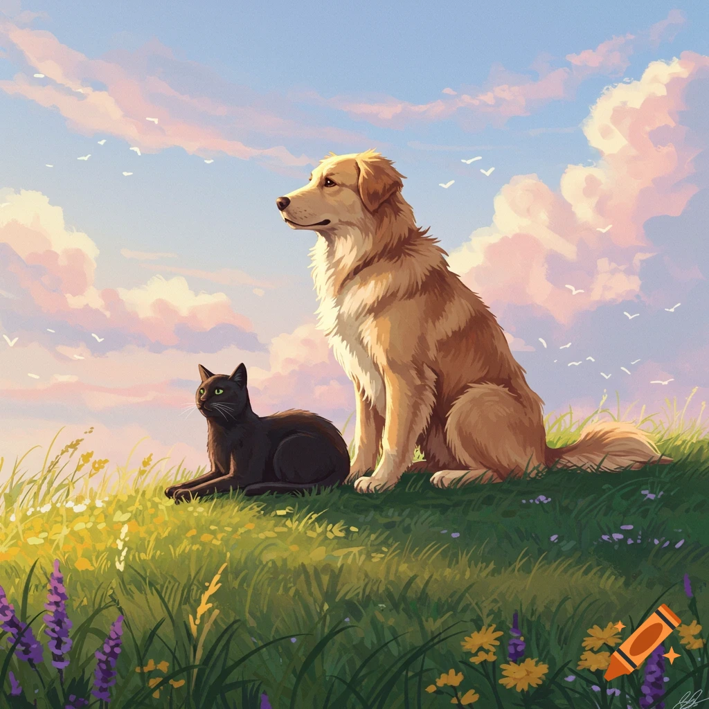An illustrated golden retriever and black cat sitting in a grassy field under a pastel sky.