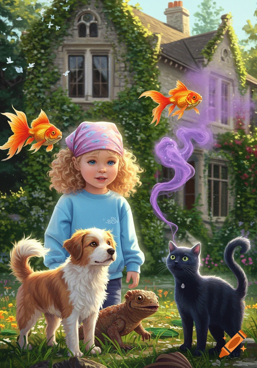 A small girl with curly blonde hair stands in front of an ivy-covered house with a brown and white dog, a lizard, a black cat, and two floating goldfish with purple smoke.