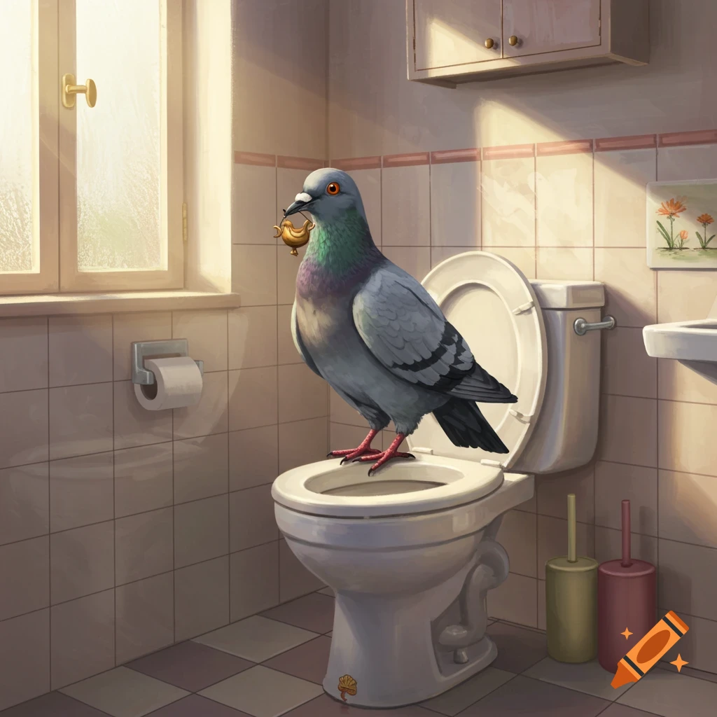 A realistic pigeon stands on a toilet in a sunny bathroom, holding a small golden lamp in its beak.