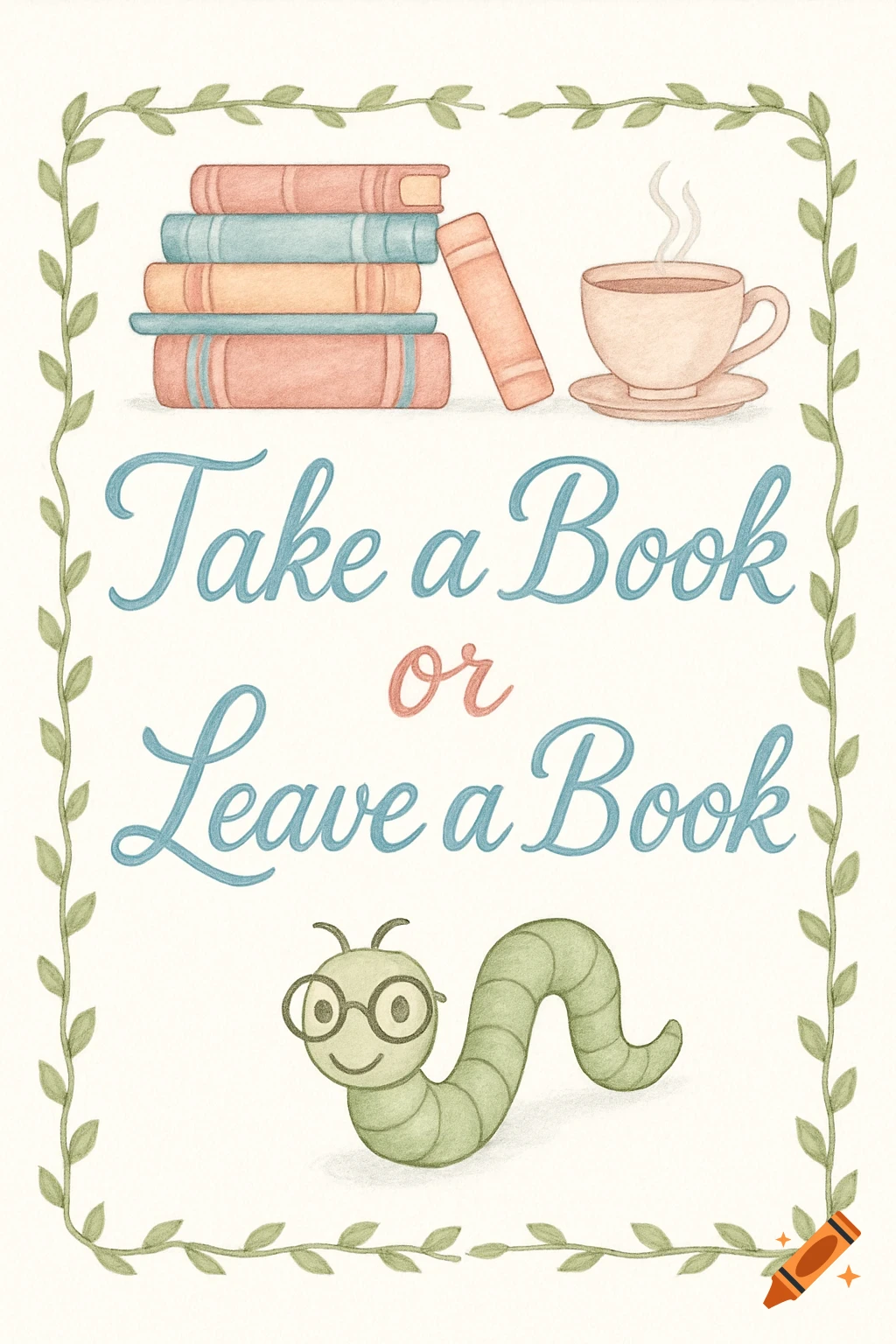 A whimsical watercolor illustration of stacked books, a steaming teacup, and a smiling bookworm with glasses, framed by green vines. Text reads 'Take a Book or Leave a Book'.