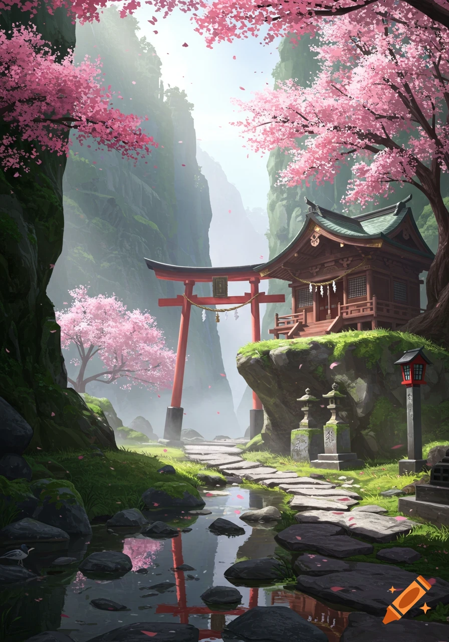 A serene Japanese Shinto shrine nestled in a mountainous, misty landscape with vibrant pink cherry blossoms and a tranquil stream.