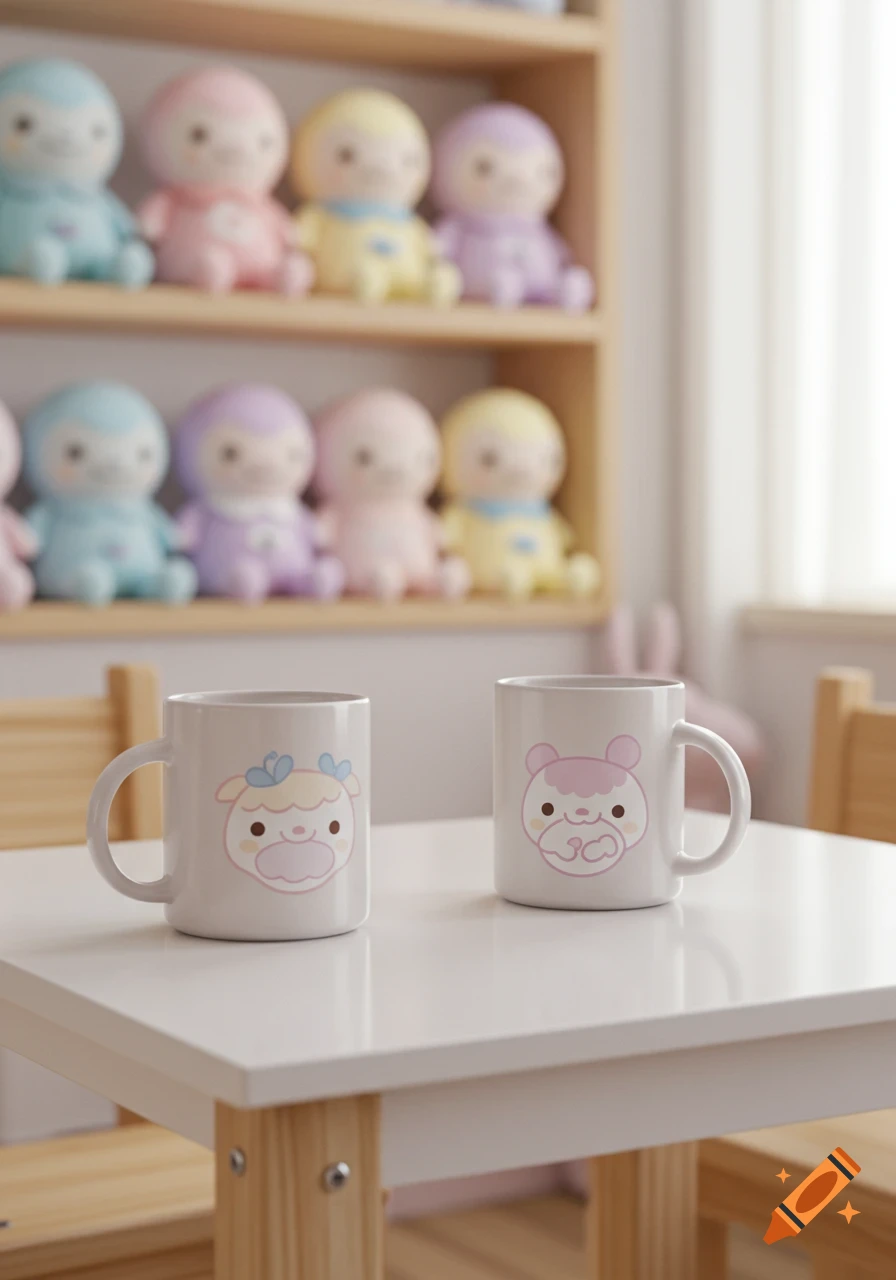 Two white mugs with cute pastel animal faces on a white table in a softly lit children's room with blurred plush toys on shelves.
