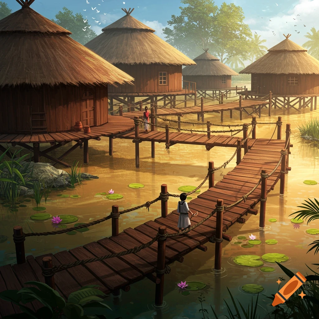Thatched-roof huts on stilts in a lagoon, connected by wooden bridges, with people walking on them and lily pads on the water.