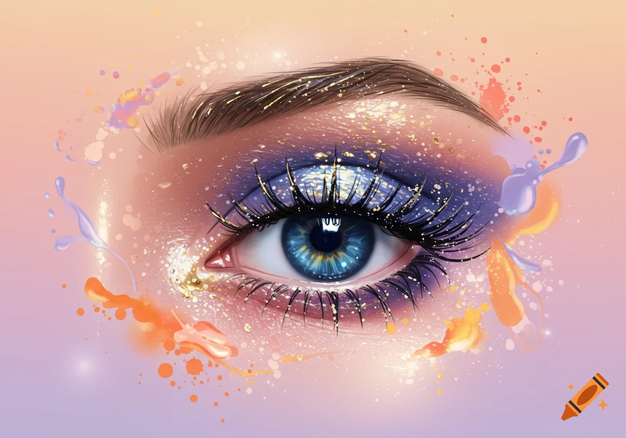 A close-up of a stylized eye with vibrant blue eyeshadow, long black eyelashes, and glitter, surrounded by colorful paint splatters on a soft pastel background.