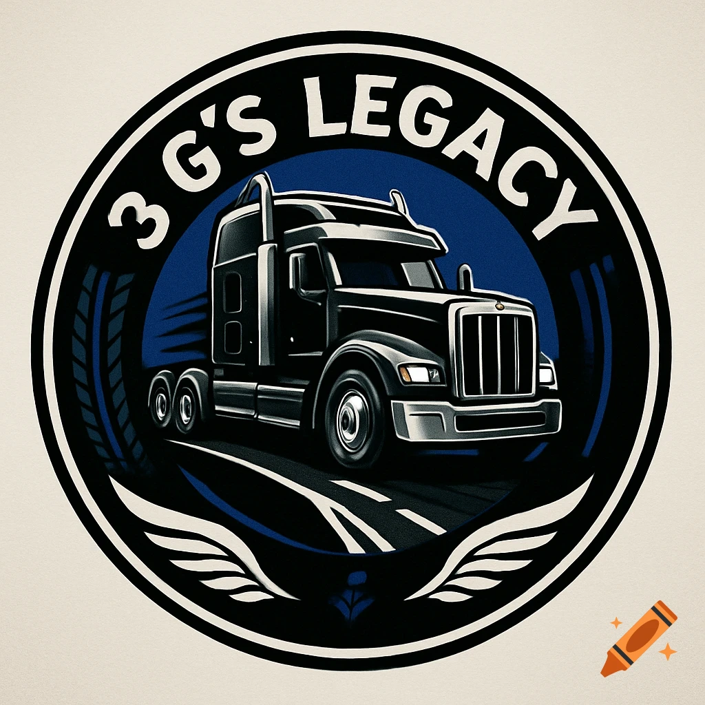 A circular logo featuring a black semi-truck against a dark blue background, framed by a black border with white outlines. The text "3 G'S LEGACY" arches across the top.