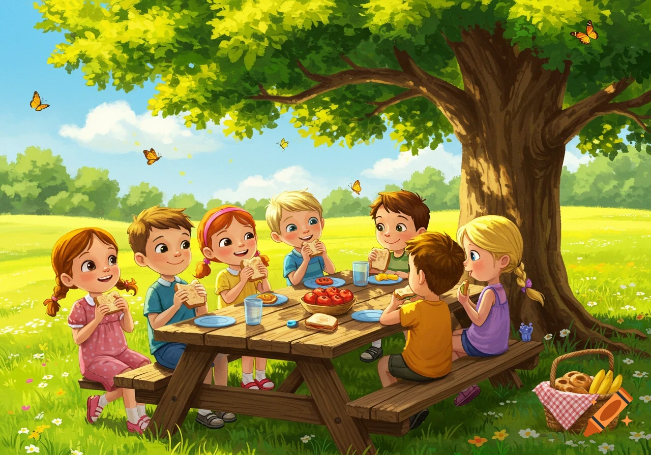 Six cartoon children having a picnic under a large green tree in a sunny, grassy park.