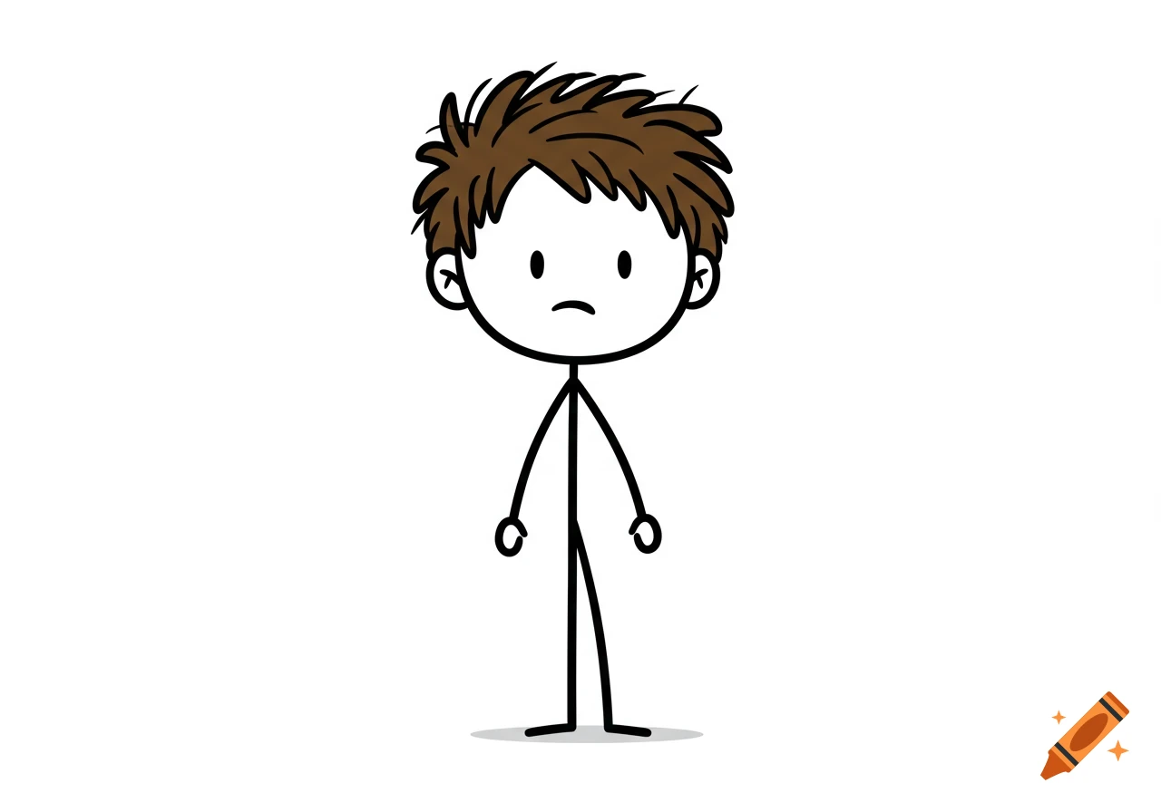 A simple cartoon stickman with messy brown hair stands facing forward.