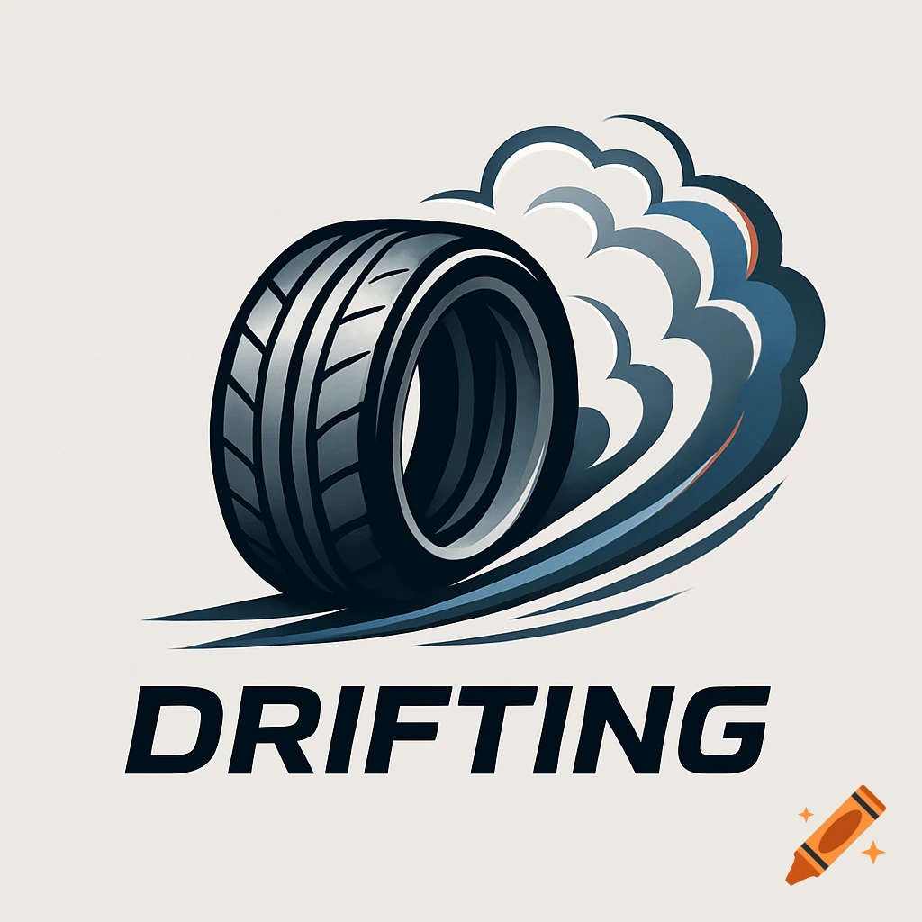 Stylized logo of a car tire spinning, creating smoke, with the word 'DRIFTING' below.
