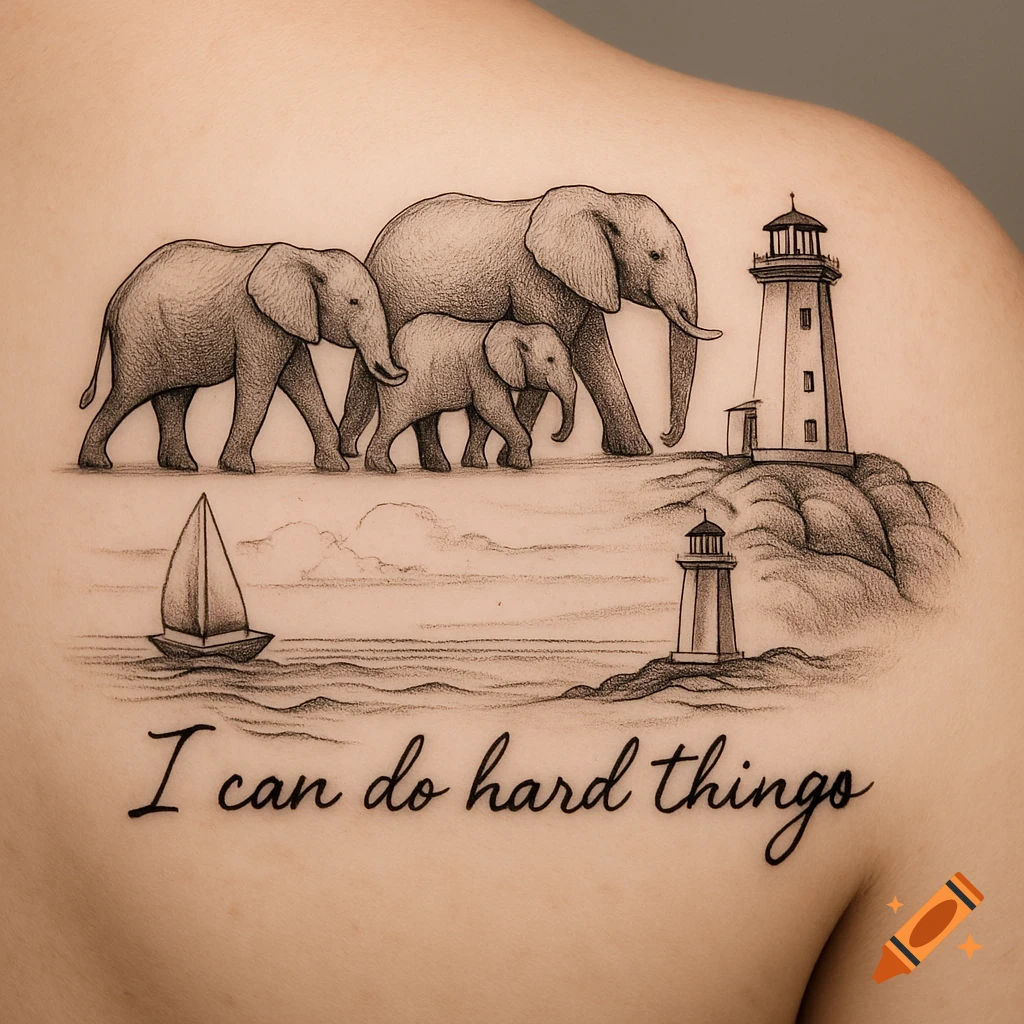 A sketch-style tattoo concept showing three elephants, a lighthouse, a sailboat, and the phrase 'I can do hard things'.