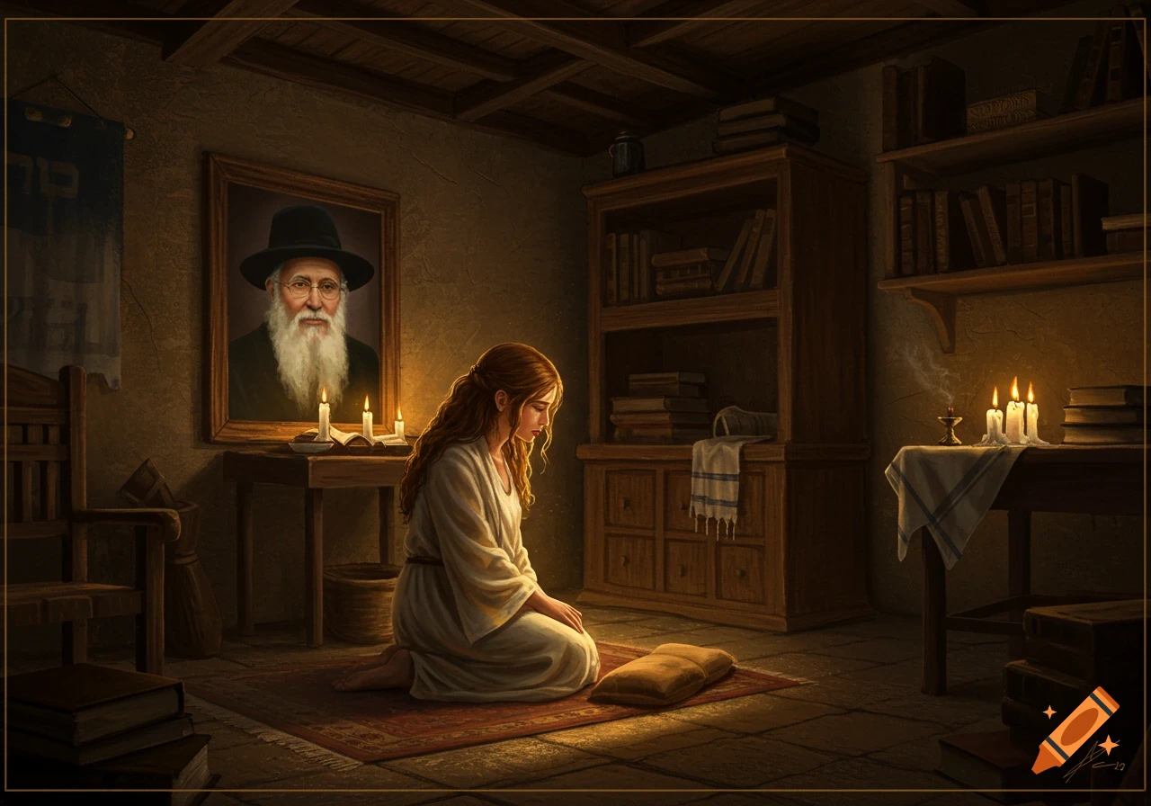 A woman kneels in prayer on a rug in a dimly lit, traditional room with a portrait of an old bearded man and lit candles.