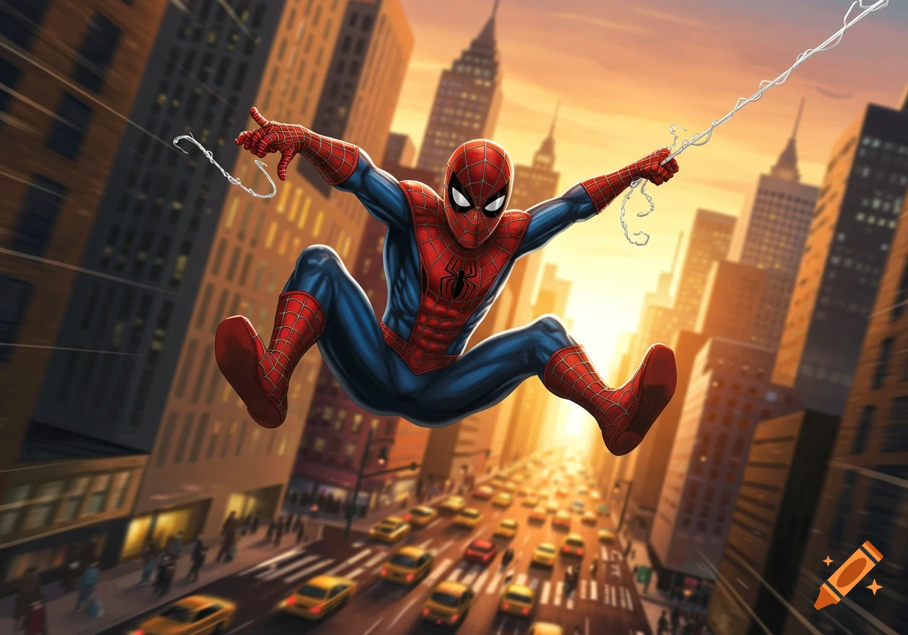 Spider-Man leaps through a city street at sunset, shooting webs from his hands, in a comic book style.