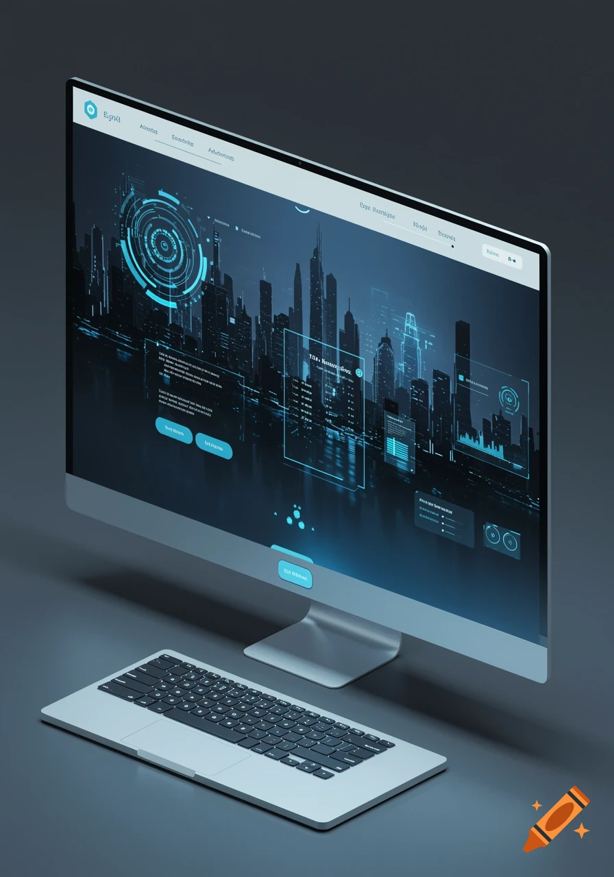 A sleek, modern computer monitor displaying a futuristic website interface with a cityscape and abstract data visuals, positioned next to a laptop keyboard on a dark surface.