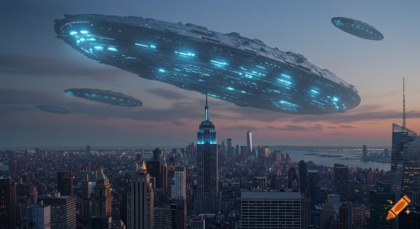 Large UFO mothership and smaller UFOs flying over a detailed New York City skyline at dusk.
