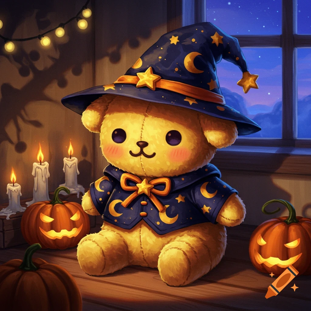 A cute plush teddy bear wearing a wizard hat and robe, sitting on a floor with glowing pumpkins and candles, in a Halloween-themed setting.