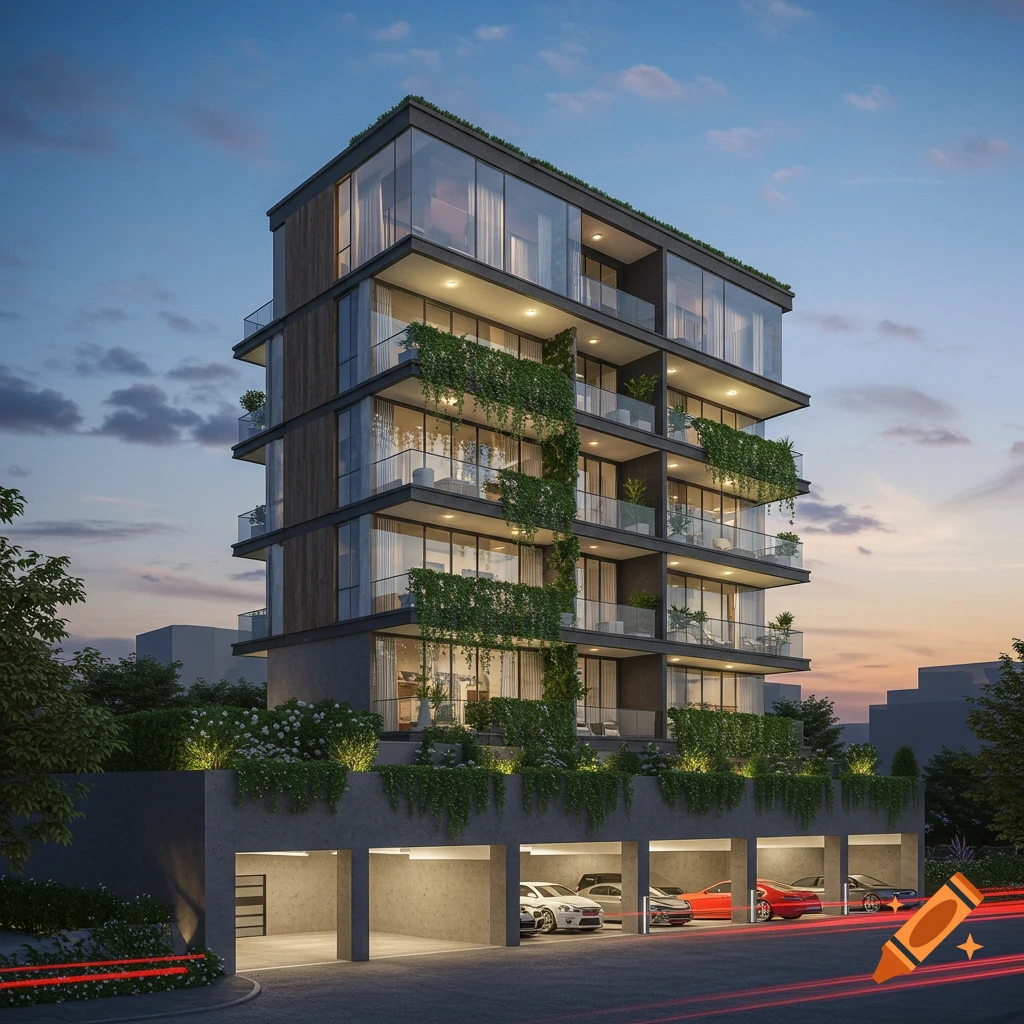 A modern multi-story building with glass facades, balconies adorned with lush green vines, and an illuminated parking garage below at dusk.