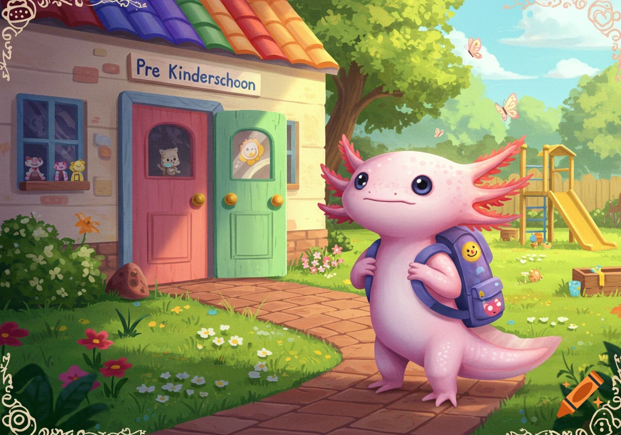A cute pink axolotl with a purple backpack stands on a brick path in front of a colorful pre-kindergarten school building.