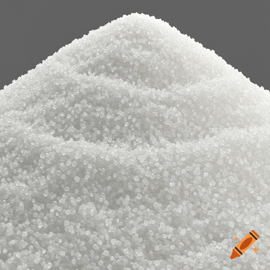 Photorealistic close-up of a large pile of white granular sugar against a gray background.