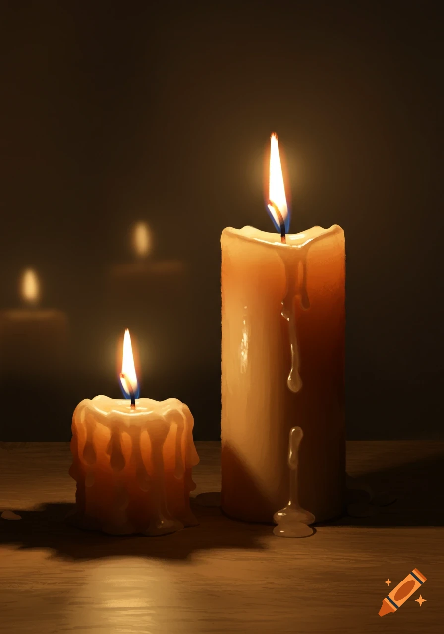 Two lit candles, one small and one larger, cast warm light on a wooden surface in a dark room, with melted wax dripping down their sides.